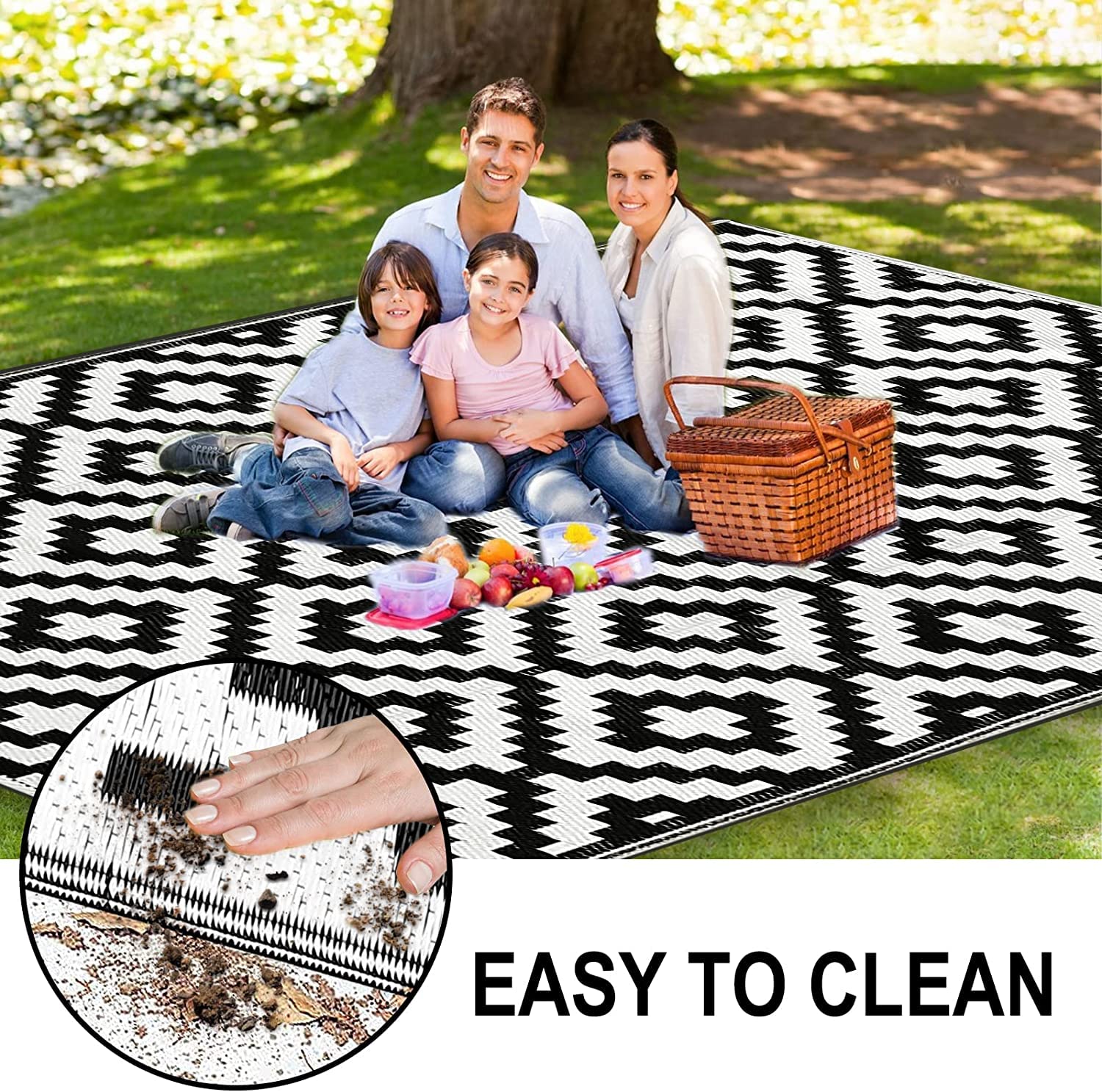 Outdoor Rug,Reversible Mats, Plastic Straw Rug, Modern Indoor Outdoor Area Rug, Large Floor Mat and Rug for Outdoors, RV, Patio, Backyard, Deck, Picnic, Beach, Trailer, Camping, Black & White, 5' x 8'