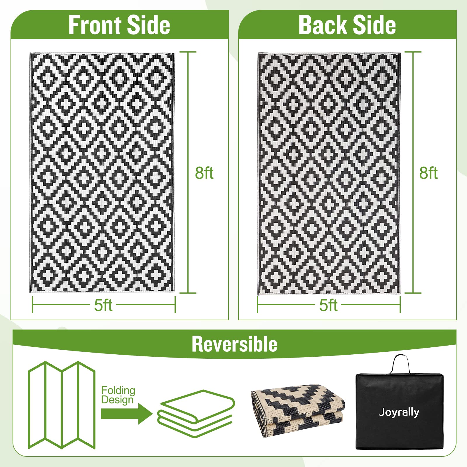 Outdoor Rug,Reversible Mats, Plastic Straw Rug, Modern Indoor Outdoor Area Rug, Large Floor Mat and Rug for Outdoors, RV, Patio, Backyard, Deck, Picnic, Beach, Trailer, Camping, Black & White, 5' x 8'