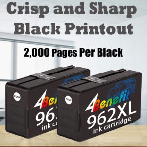 (Set of 2) 4Benefit Remanufactured Replacement HP 962XL 962 Ink Cartridge HP 962BK 962XLBK HP962 (Black x 2) Work in HP OfficeJet Pro 9020 9025 9026 9027 9028 9010 9012 9015 9018 Inkjet Printer