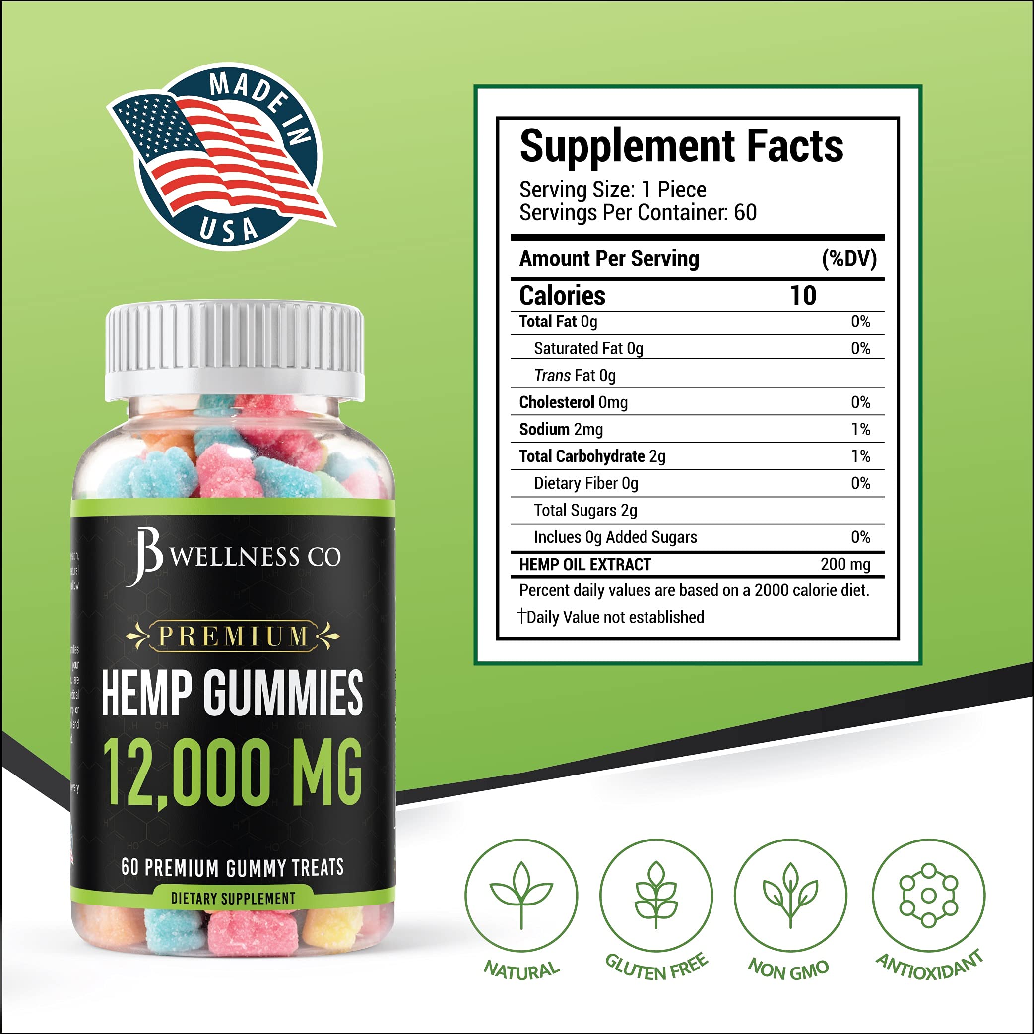 JB Wellness Co [2-Pack] – Hemp Gummies Premium 12,000 – Inflammation – Vitamins & Omega 3,6,9 – Made in The USA (120 Count) – [2-Pack]