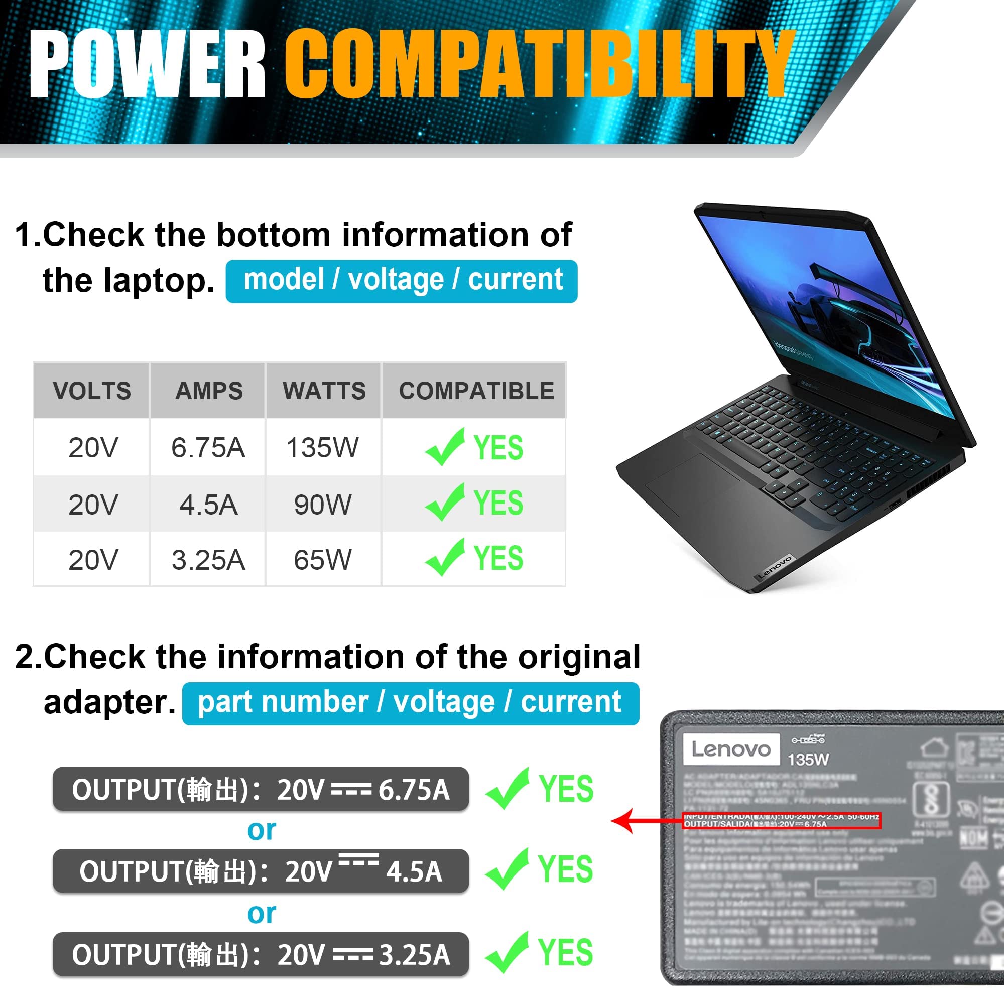 135W 20V 6.75A AC Adapter Charger Compatible with Lenovo Thinkpad T440P T450P T460P T470P T530 T540 T560 ideapad Z710 Y40-70 Y50-70 Y50-70AM-IFI Y70-70 Y700 ADL135NDC3A Power Cord