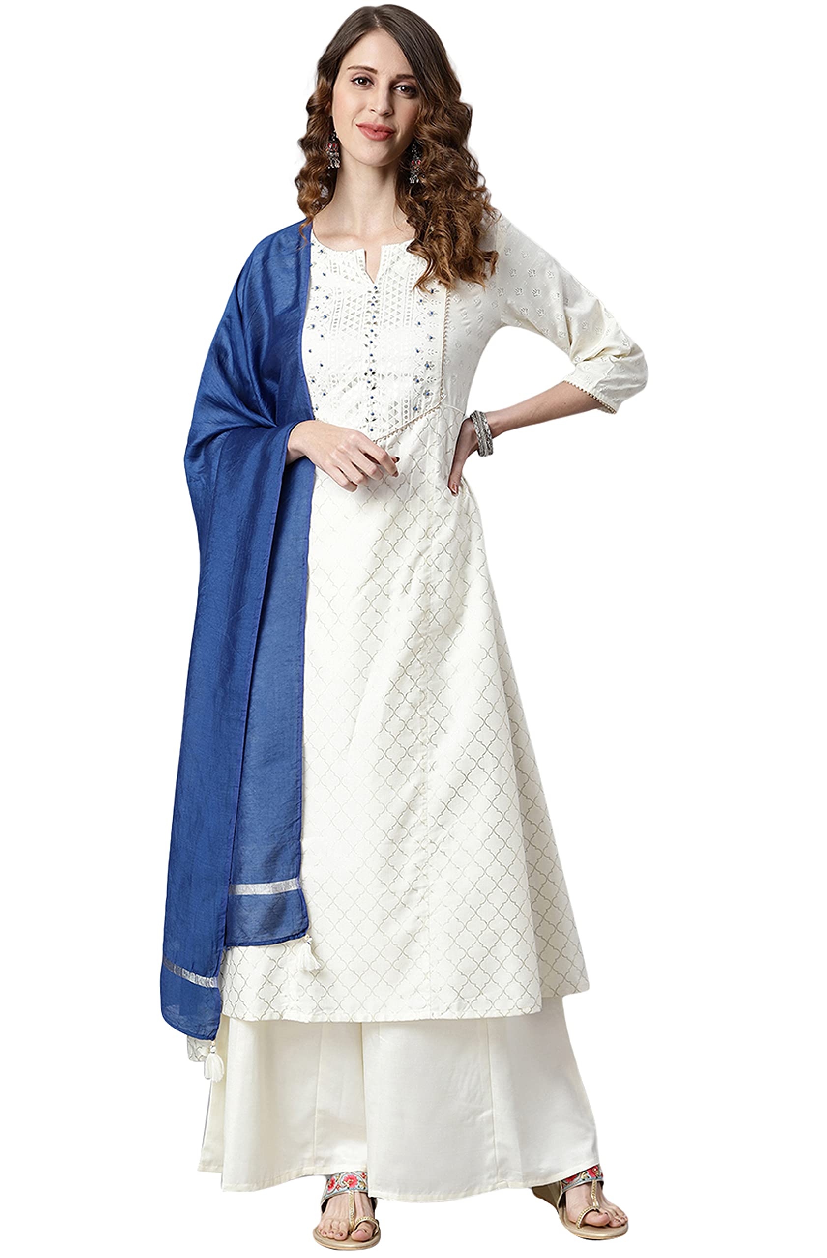 Janasya Indian Women's Off- White Yoke Printed Poly Silk Kurta with Palazzo and Dupatta