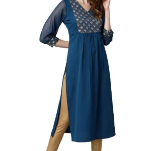 Janasya Indian Women's Teal Poly Crepe Kurta for Women