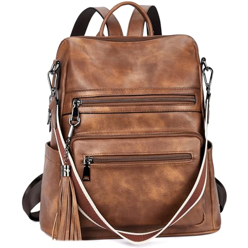 Telena Womens Backpack Purse Vegan Leather Large Travel Backpack College Shoulder Bag with Tassel Brown