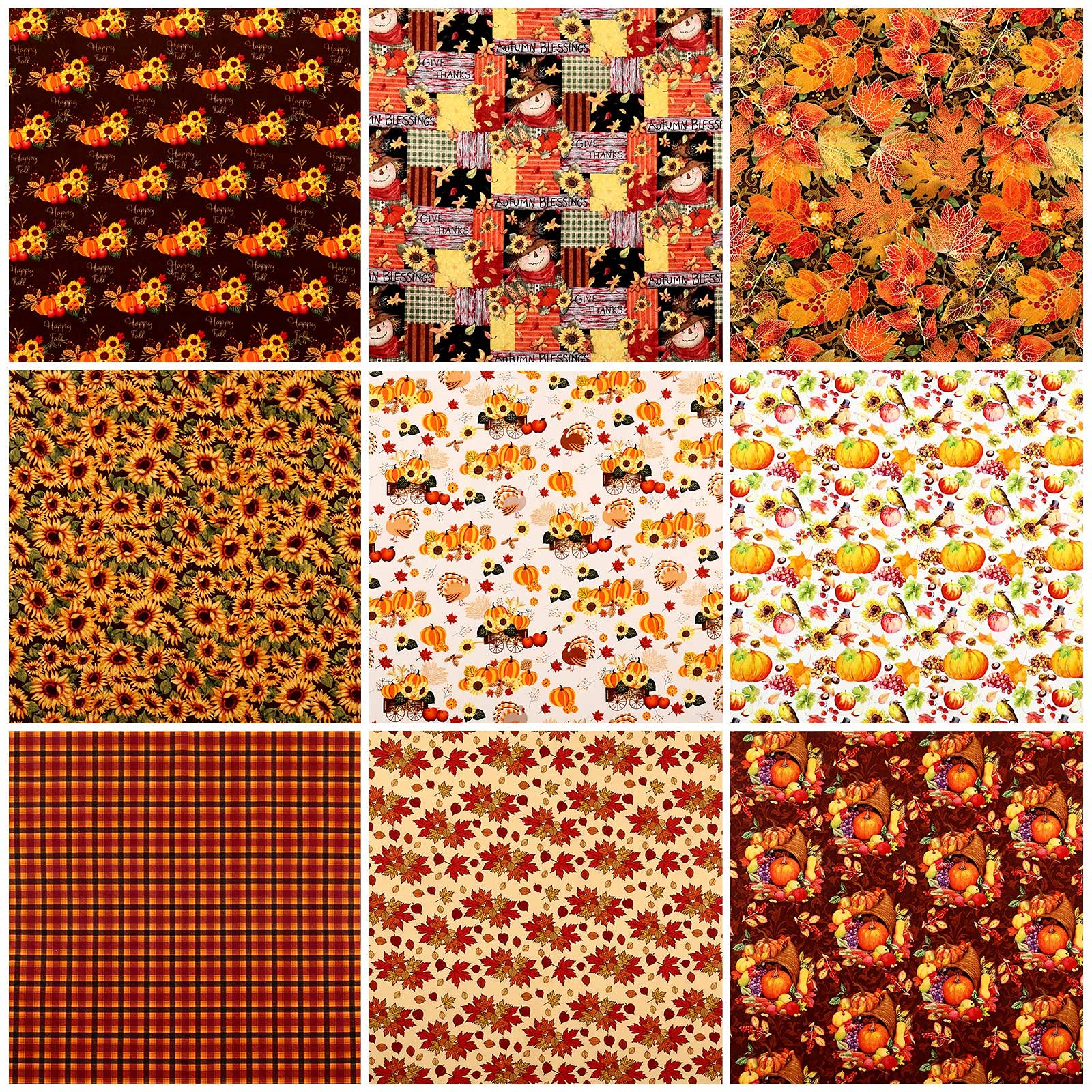 10 Pieces Fall Cotton Fabrics 19.7 x 19.7 Inch Thanksgiving Fat Quarter Bundles Pumpkin Fabric Squares Autumn Turkey Maple Plaid Patchwork Thanksgiving Patterns for DIY Crafts Quilting Sewing Supplies