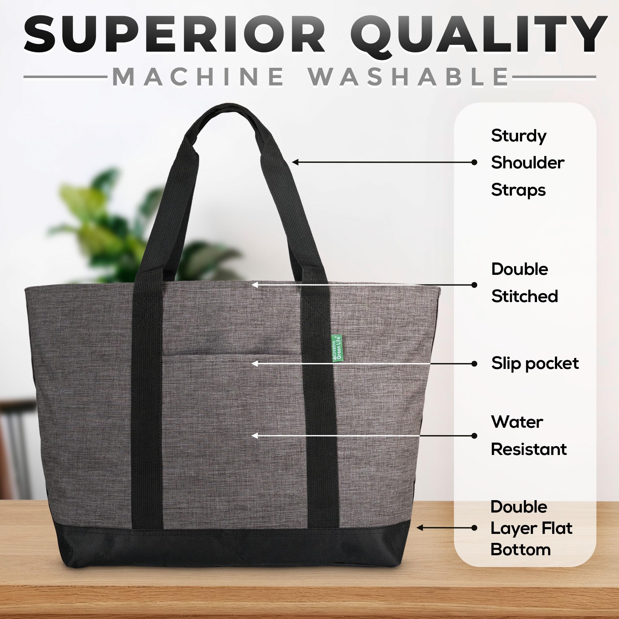 Creative Green Life Extra Large, Sturdy Tote Bag for Women (Gray) | Easy Grip and Extra Large Travel Tote Bag with Zipper | Women Tote Bag for Work