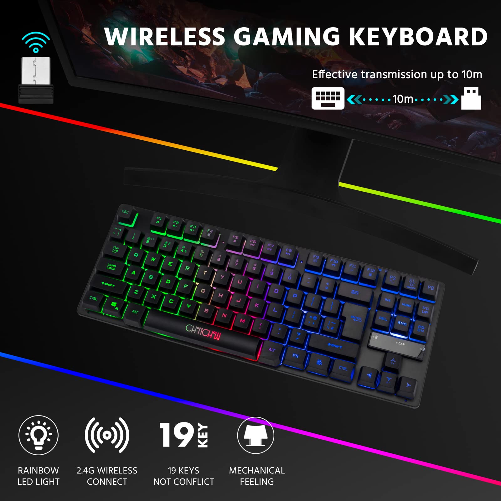 CHONCHOW Wireless LED Keyboard, Rechargeable 87 Key RGB LED Backlit Wireless Keyboard, Ergonomic Light up Gaming Keyboard Wireless for PC PS4 PS5 Xbox One