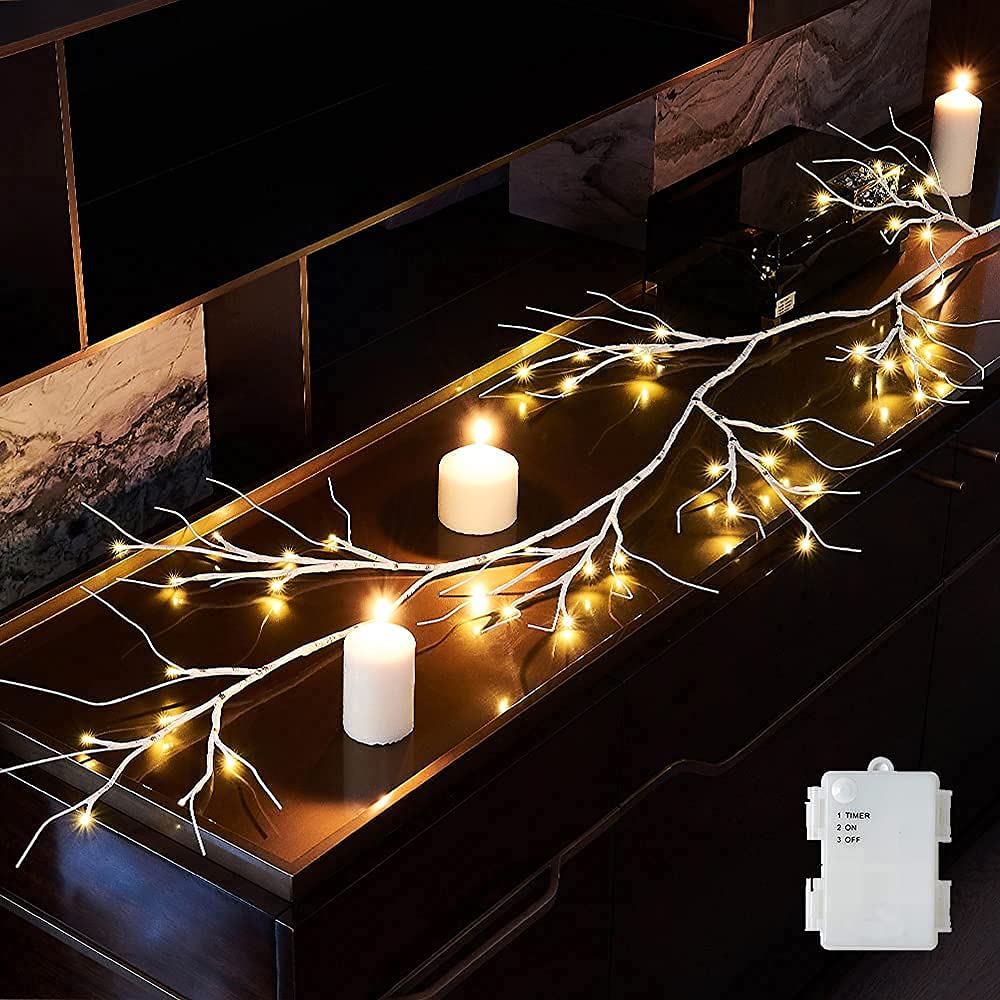 Birchlitland Birch Garland Lights 6FT 48 LED Battery Operated - Lighted Twig Vine with Timer for Christmas Fireplace Decoration Indoor Outdoor Use