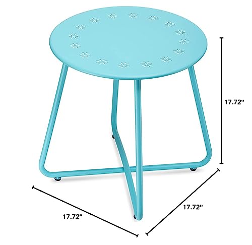 danpinera Outdoor Side Tables with Flower Cut Outs, Weather Resistant Steel Patio Side Table, Small Round Outdoor End Table Metal Side Table for Patio Yard Balcony Garden Blue