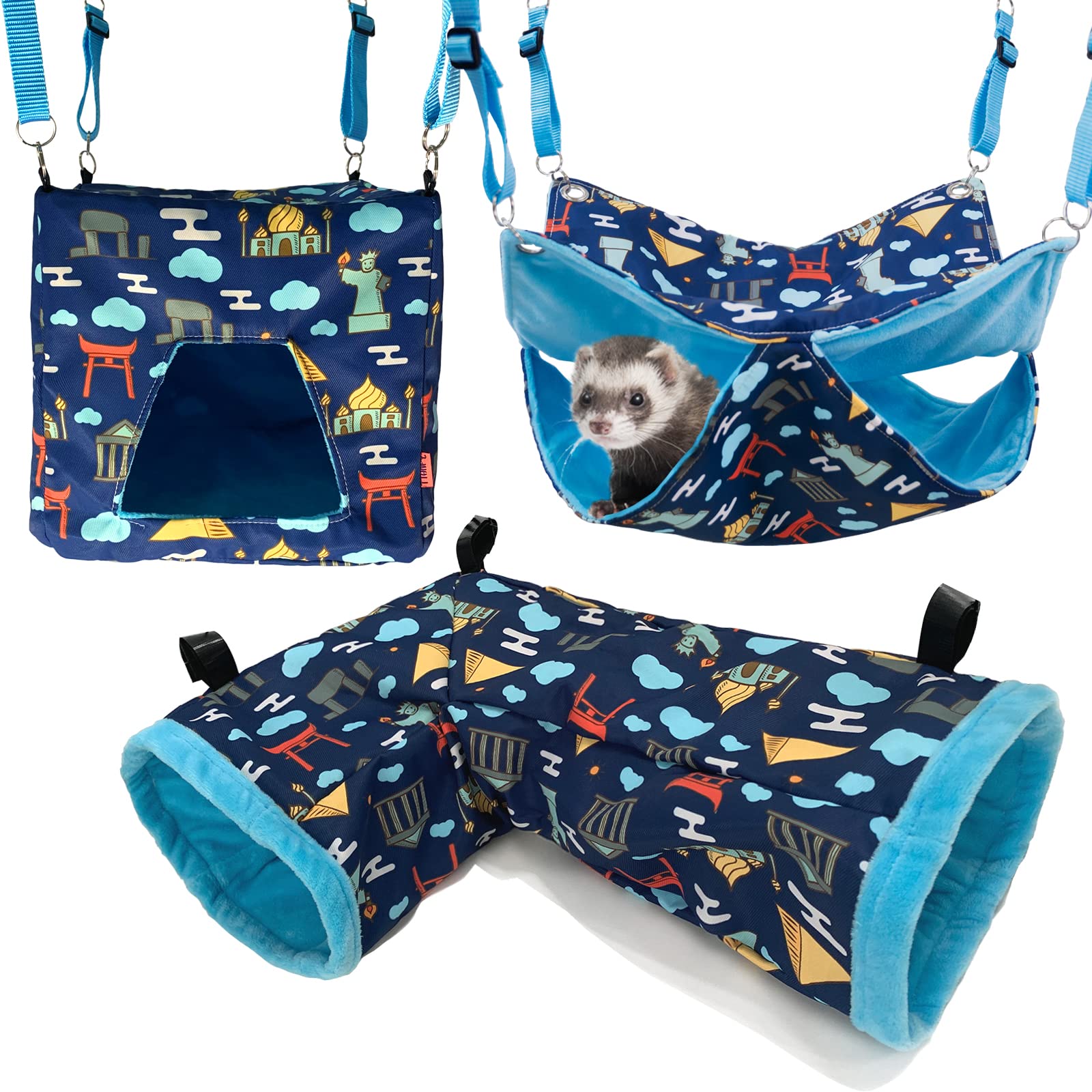 Ferret Hammock Set for cage Cage Accessories 3 Style,Double Hammock or Square House and Tunnel Bed for Guinea Pig(Blue)