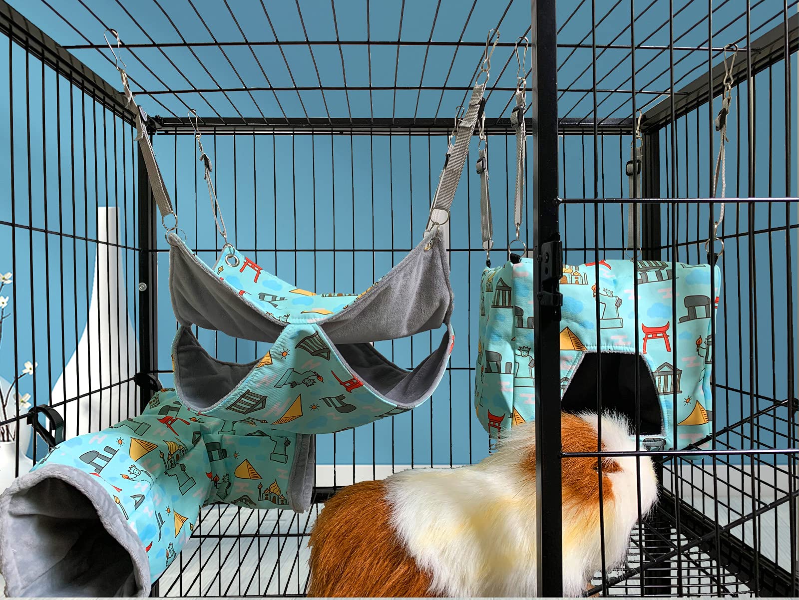 Ferret Hammock Set for cage Cage Accessories 3 Style,Double Hammock or Square House and Tunnel Bed for Guinea Pig(Blue)