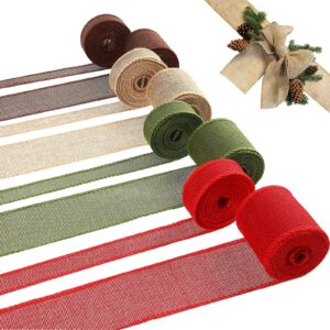 8 rolls 44 yards christmas wired edge ribbons christmas fabric wired ribbons burlap ribbon rolls natural burlap weave ribbon in 4 colors for holiday decoration present (2 inch, 1 inch)