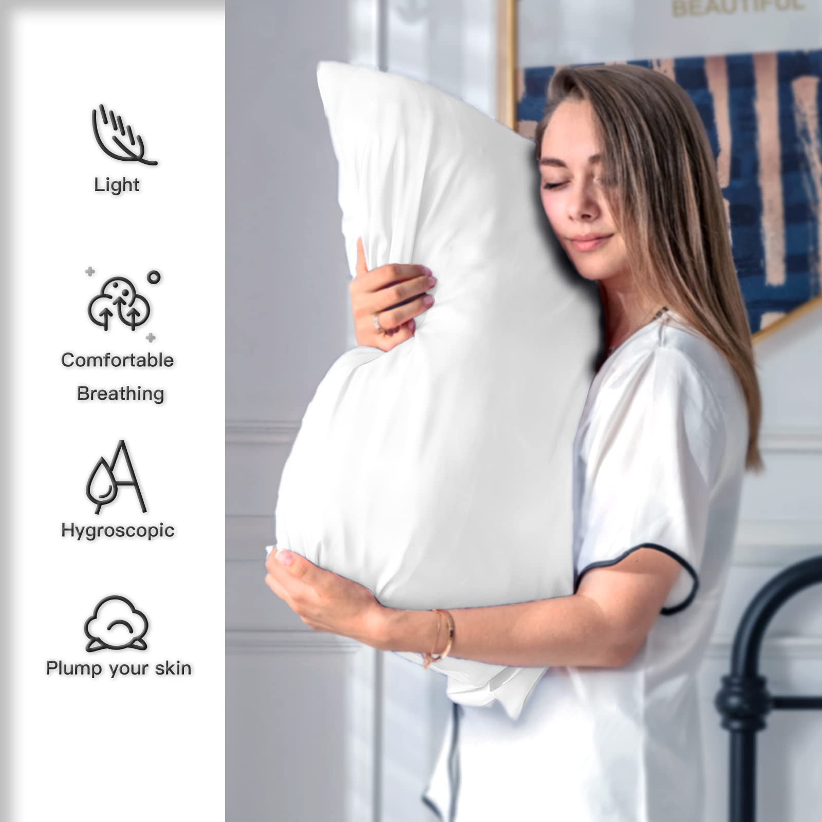 Natural Mulberry Silk Pillowcase for Hair and Skin Standard Size 20"X 26" Case with Hidden Zipper Soft Breathable Smooth Cooling Pillow Covers for Sleeping(White,1Pcs)