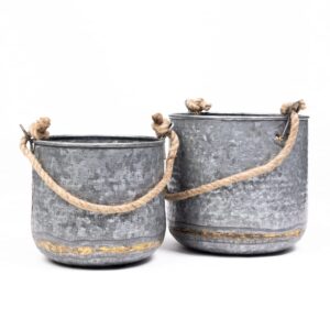 avera products lasso bucket set of 2 | galvanized metal bucket planters for indoor plants, rustic metal with gold weld trim, includes drainage holes