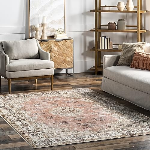 nuLOOM Ren Vintage Floral Machine Washable Ultra Thin Area Rug, 8x10, Peach