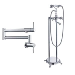 cinwiny pot filler faucet wall mount polished chrome kitchen restaurant sink faucet with free standing bathtub faucet floor mount tub filler double cross knobs bathroom mixer tap with handhe