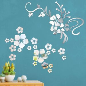 53 Pieces 3D Acrylic Mirror Floral Wall Sticker 3D Sakura Mirrors Wall Sticker Adhesive Removable Silver Mirrors Decal 3D Flower Wall Art Decor Decal For Living Room Bathroom Office Dorm Windows Doors