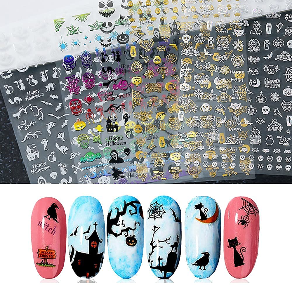 Impressed Nail Art Stickers for Halloween 12 Sheets, 1500+ Self-Adhesive DIY Customized Nail Decals for Halloween Party, Include Pumpkin/Bat/Ghost/Skeleton/Witch etc