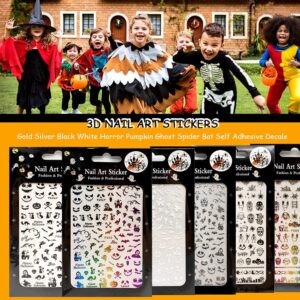 Impressed Nail Art Stickers for Halloween 12 Sheets, 1500+ Self-Adhesive DIY Customized Nail Decals for Halloween Party, Include Pumpkin/Bat/Ghost/Skeleton/Witch etc