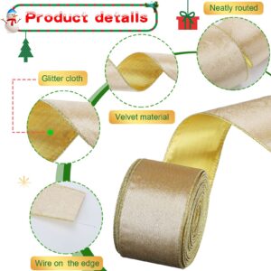 Christmas Velvet Ribbon Satin Ribbon Solid Color Wired Edge Ribbon Gold Trim Wrapping Ribbon Christmas Ribbon Decoration Soft Smooth Craft Ribbon for Bow Making (Gold, 2.5 Inch x 20 Yards)