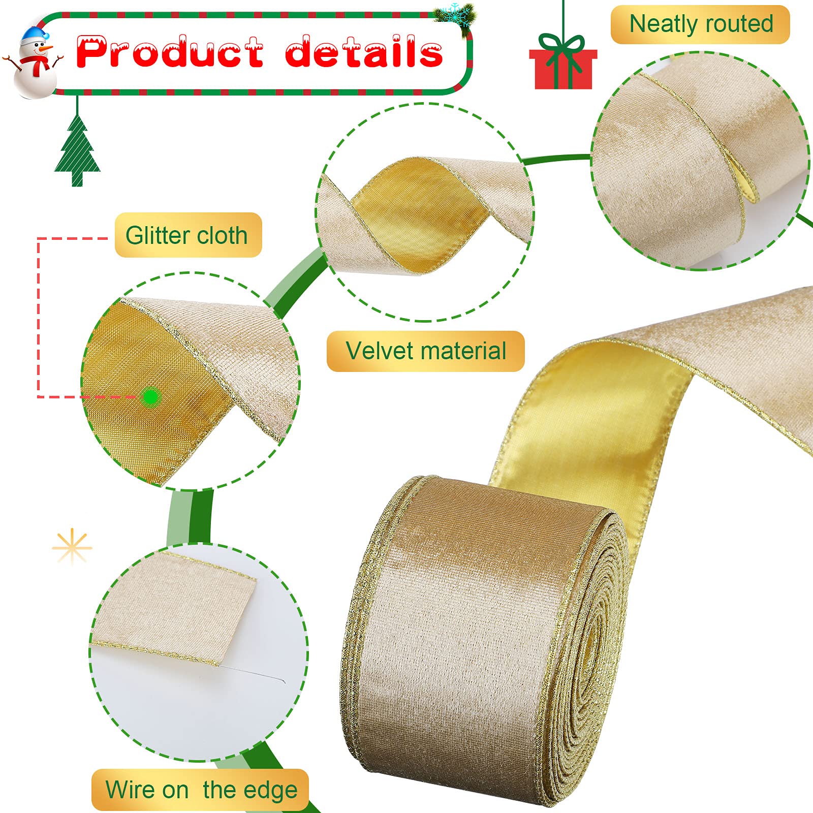 Christmas Velvet Ribbon Satin Ribbon Solid Color Wired Edge Ribbon Gold Trim Wrapping Ribbon Christmas Ribbon Decoration Soft Smooth Craft Ribbon for Bow Making (Gold, 2.5 Inch x 20 Yards)