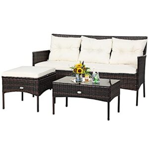 tangkula 3 pieces patio conversation set, outdoor pe rattan wicker furniture set w/cozy cushions, all weather sectional sofa set w/tempered glass coffee table for poolside, backyard, garden