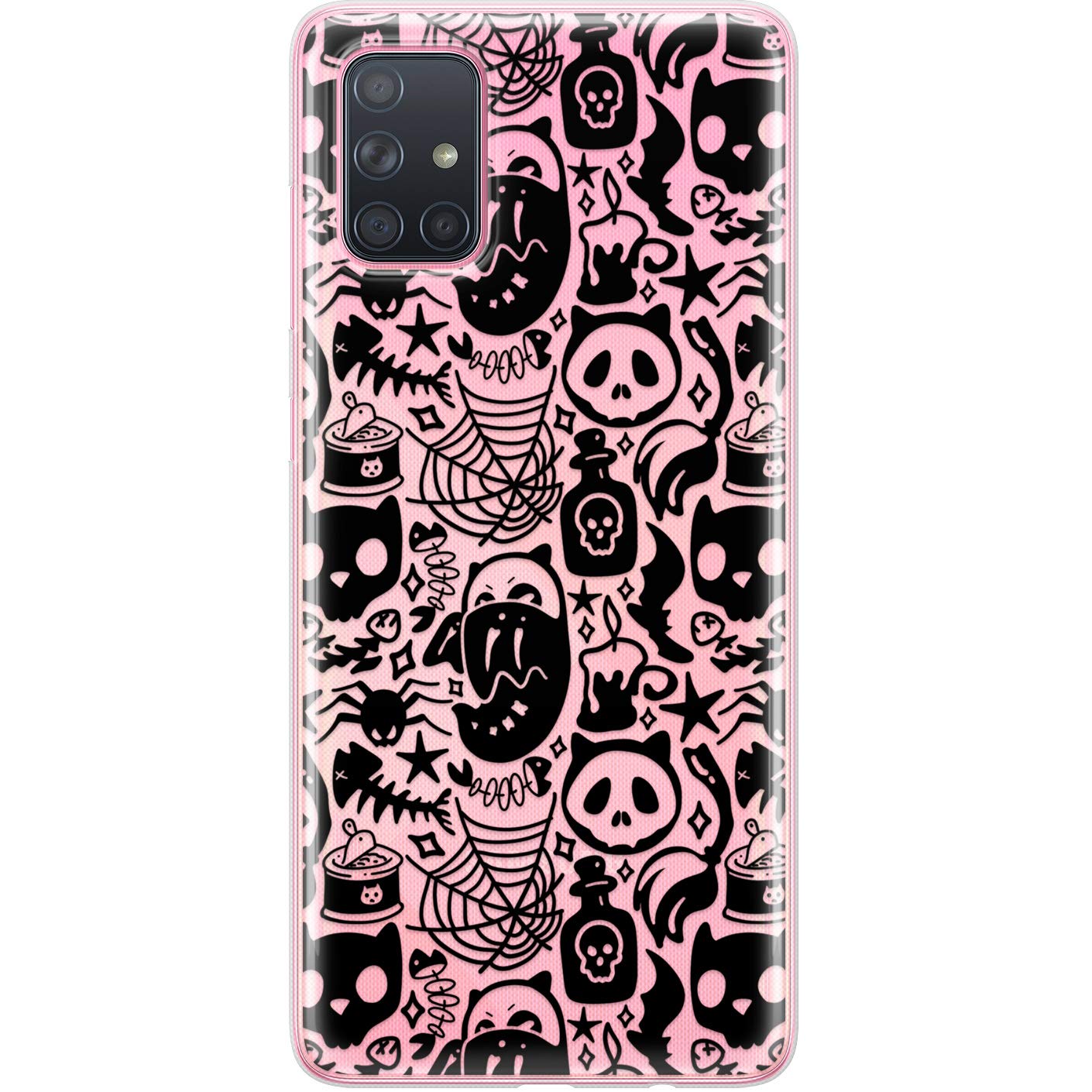 TPU Phone Case Compatible with Samsung A72 A71 5G A70 A51 A50 A32 A21 A11 A12 A13 A14 A01 Skeleton Shockproof Cat Skull Spider Web Flexible Clear Lightweight Spooky Durable Silicone Halloween