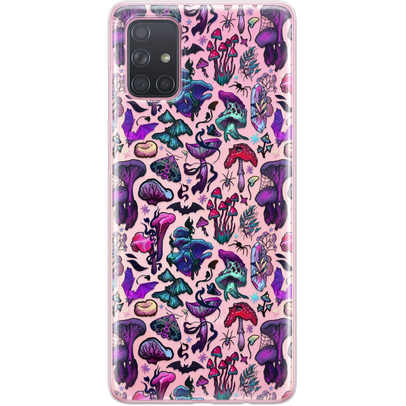 TPU Phone Case Compatible with Samsung A72 A71 5G A70 A51 A50 A32 A21 A11 A12 A13 A14 A01 Clear Silicone Forest Mushrooms Lightweight Amanita Witchy Magic Moth Shockproof Protective Bats