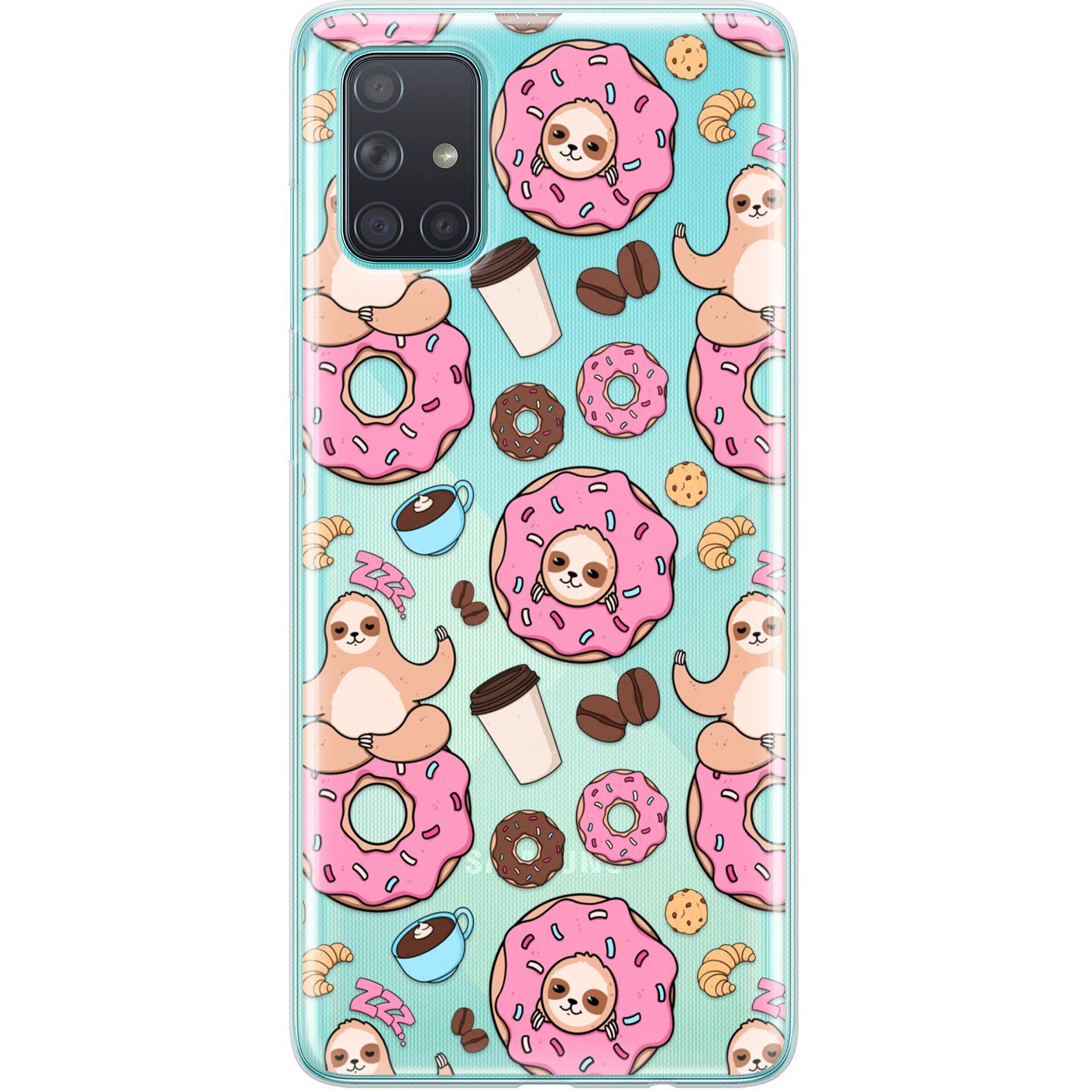 Slim TPU Phone Case Compatible with Samsung Galaxy A72 A71 5G A70 A51 A32 A21 A11 A12 A01 Flexible Yoga Clear Cover Sloth Pink Donut Animal Cute Silicone Kawaii Durable Coffee Soft, Sloth Donut