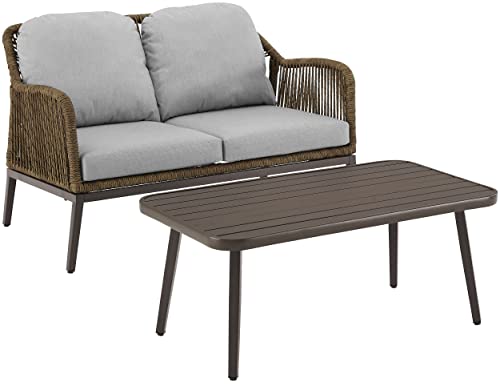 Crosley Furniture CO7360LB-LG Haven Outdoor Wicker 2-Piece Conversation Set (Loveseat, Coffee Table), Light Brown with Light Gray Cushions