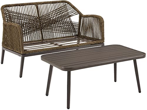 Crosley Furniture CO7360LB-LG Haven Outdoor Wicker 2-Piece Conversation Set (Loveseat, Coffee Table), Light Brown with Light Gray Cushions