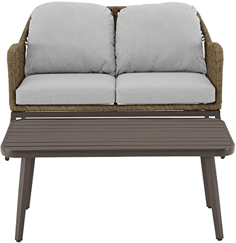 Crosley Furniture CO7360LB-LG Haven Outdoor Wicker 2-Piece Conversation Set (Loveseat, Coffee Table), Light Brown with Light Gray Cushions