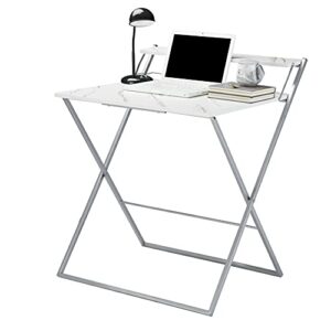 urban lifestyle foldable 2 tier compact computer desk, marble/silver