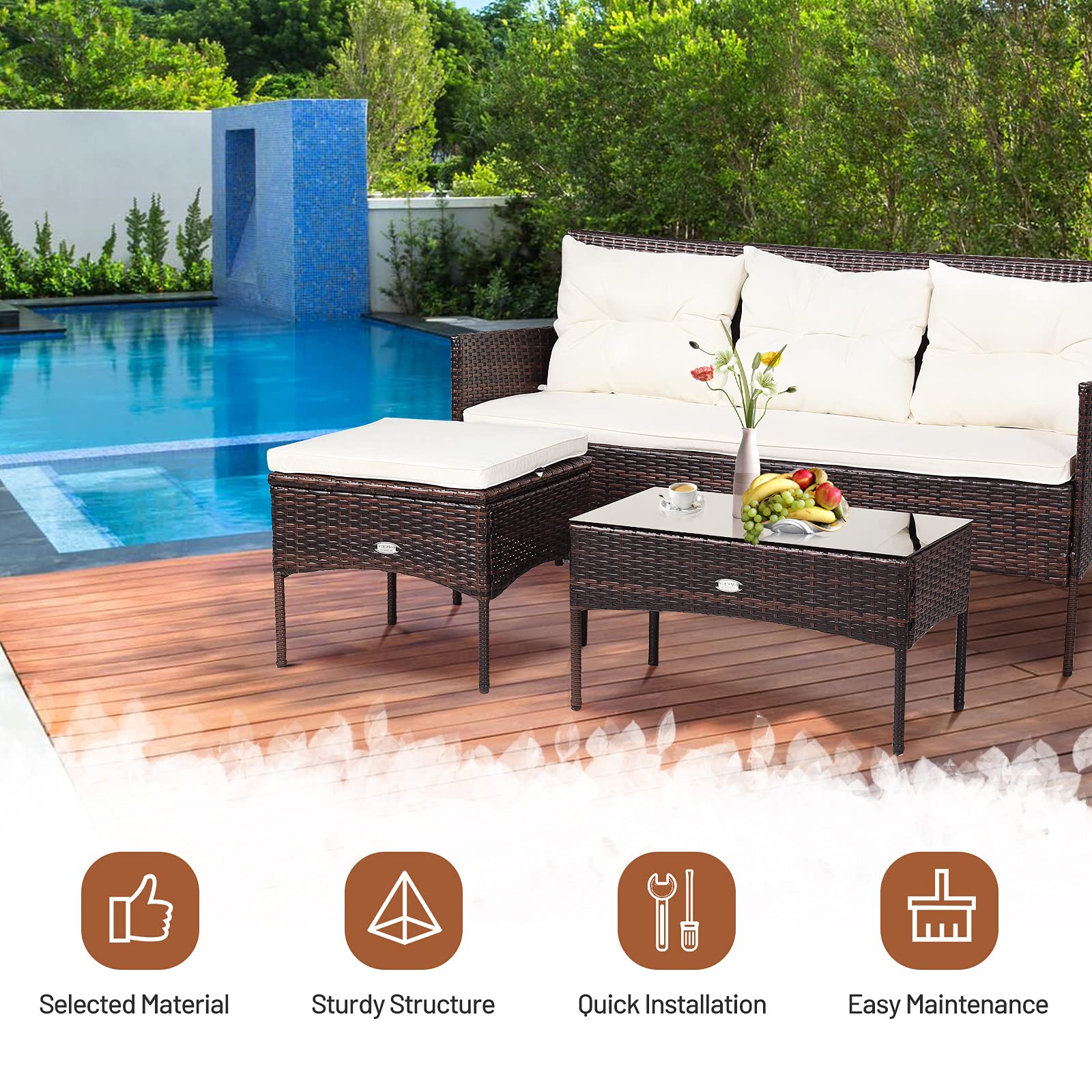 RELAX4LIFE 3 Pieces Patio Furniture Sectional Set, Rattan Wicker Conversation W/ 5 Cozy Seat & Back Cushions, Tempered Glass Coffee Table for Poolside, Balcony Outdoor Furniture (Beige+Brown)