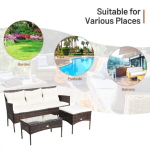 RELAX4LIFE 3 Pieces Patio Furniture Sectional Set, Rattan Wicker Conversation W/ 5 Cozy Seat & Back Cushions, Tempered Glass Coffee Table for Poolside, Balcony Outdoor Furniture (Beige+Brown)