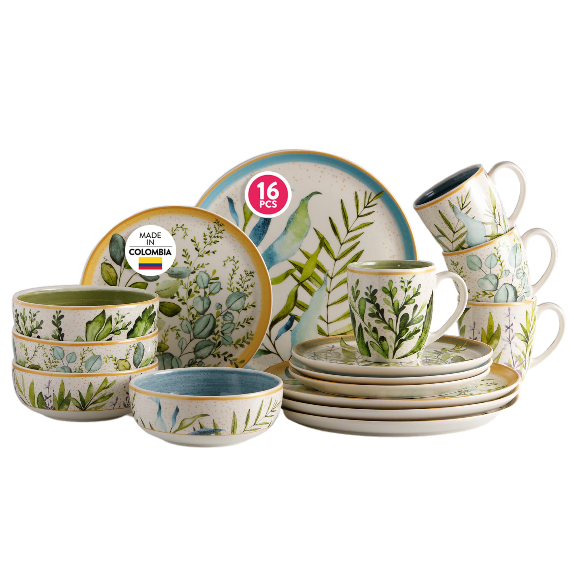 Corona Dinnerware Set 16– piece, Plates Bowls and Mugs Set, Ceramic Sets for 4, Microwave and Dishwasher Safe, Siena Italian Floral Design