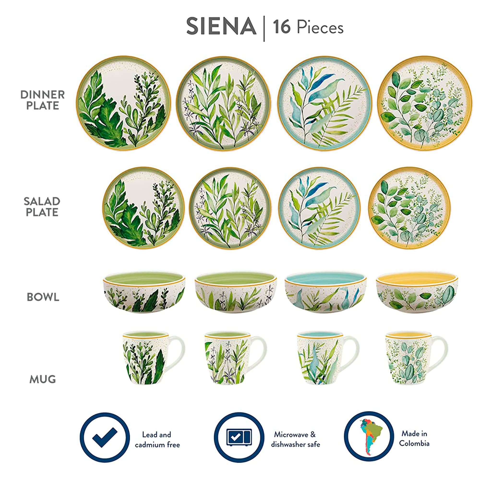 Corona Dinnerware Set 16– piece, Plates Bowls and Mugs Set, Ceramic Sets for 4, Microwave and Dishwasher Safe, Siena Italian Floral Design