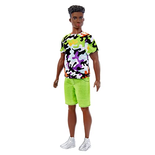 Barbie Fashionistas Ken Doll #123, Broad with Black Curly Hair Wearing Multi-Colored Camo Print Shirt, Neon Green Shorts & Silvery Sneakers