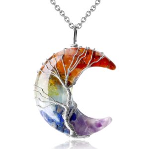 maibaota 7 chakra healing crystal necklace tree life crescent moon phase stone pendant necklaces natural reiki spiritual quartz gemstone mothers day gifts for mom hippie witch jewelry gifts for women