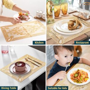 Placemats-Kitchen Table Mat-for Dining Table Non-Slip Washable Heat Resistant Plate Mat Rectangle Gold Bloom Kitchen Table Mats Set of 6 (Golden)