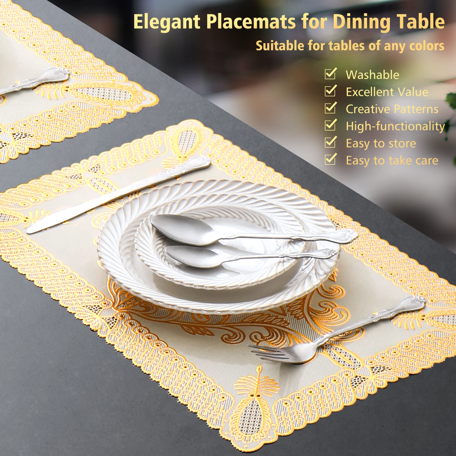 Placemats-Kitchen Table Mat-for Dining Table Non-Slip Washable Heat Resistant Plate Mat Rectangle Gold Bloom Kitchen Table Mats Set of 6 (Golden)