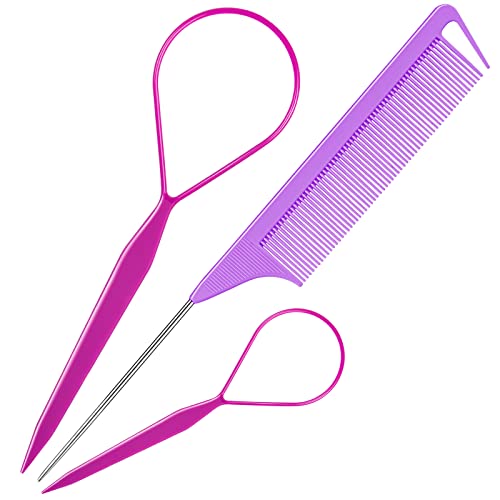 TsMADDTs 3Pack Hair Loop Tool Set with 2Pcs French Braid Tool Loop 1Pcs Rat Tail Comb Metal Pin Tail Braiding Comb for Hair Styling, Purple