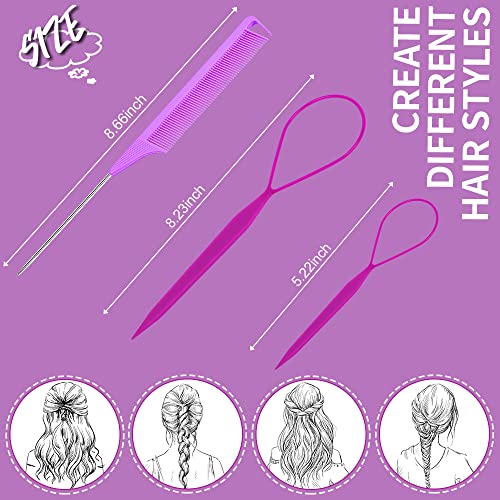 TsMADDTs 3Pack Hair Loop Tool Set with 2Pcs French Braid Tool Loop 1Pcs Rat Tail Comb Metal Pin Tail Braiding Comb for Hair Styling, Purple