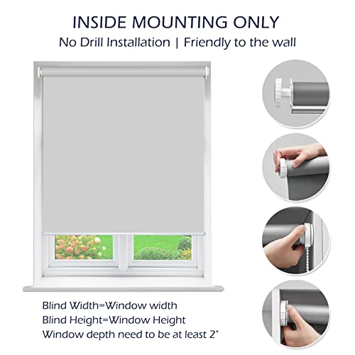 No Drill Inside Mount Blackout Roller Shades Custom No Tools Tension Window Blinds, Easy Install Waterproof Blinds for Office Living Room, Bathroom, Kitchen, Light Grey