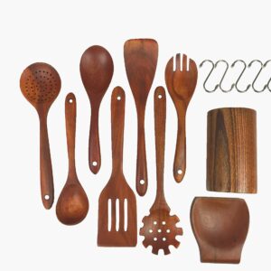 MEMIKAMBO Wooden Kitchen Cooking Utensils, Nonstick Kitchen Utensil Set, wooden utensils for cooking,Wooden Spoons Cooking Utensil Set Non Scratch Natural Teak Wooden Utensils for Cooking(16 PIECES)