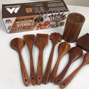 MEMIKAMBO Wooden Kitchen Cooking Utensils, Nonstick Kitchen Utensil Set, wooden utensils for cooking,Wooden Spoons Cooking Utensil Set Non Scratch Natural Teak Wooden Utensils for Cooking(16 PIECES)