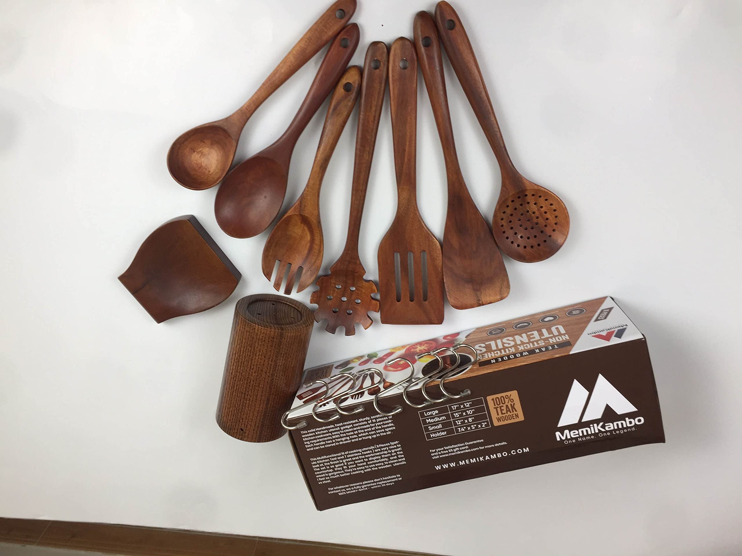 MEMIKAMBO Wooden Kitchen Cooking Utensils, Nonstick Kitchen Utensil Set, wooden utensils for cooking,Wooden Spoons Cooking Utensil Set Non Scratch Natural Teak Wooden Utensils for Cooking(16 PIECES)