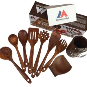 MEMIKAMBO Wooden Kitchen Cooking Utensils, Nonstick Kitchen Utensil Set, wooden utensils for cooking,Wooden Spoons Cooking Utensil Set Non Scratch Natural Teak Wooden Utensils for Cooking(16 PIECES)