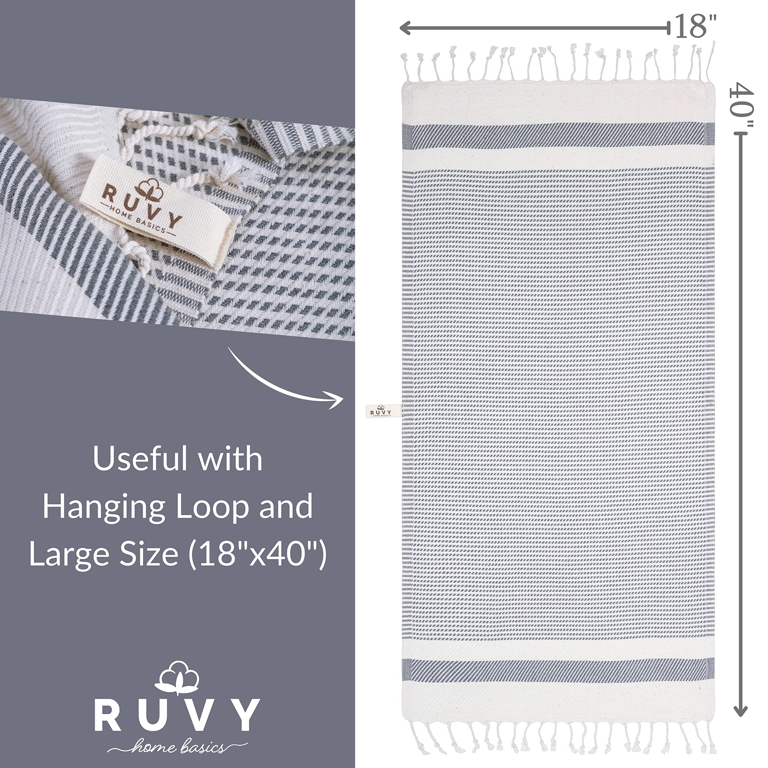 Ruvy Home Basics Turkish Hand Towels for Bathroom Set of 2 | 18"x40", Cotton | Bathroom Hand Towels & Decorative Hand Towels for Bathroom, Kitchen Towels, Dishcloth, Tea, Yoga, Face, Gym - Light Grey