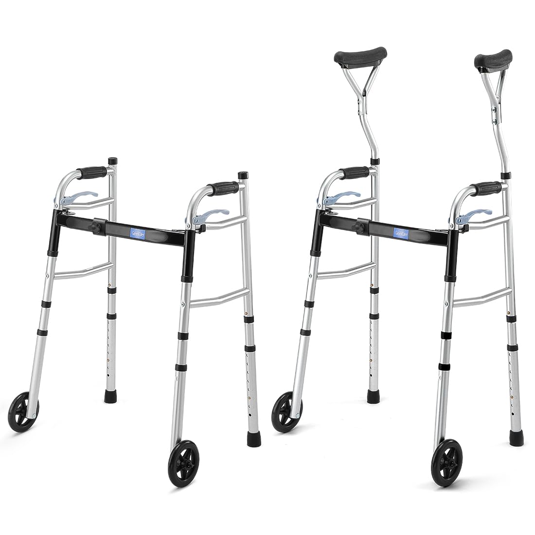 GreenChief Walkers for Seniors, Foldable Standard Walker with Adjustable Width, Folding Walker with Arm Support, 2 Wheels Walker for Elderly Handicapped Disabled (300LB)